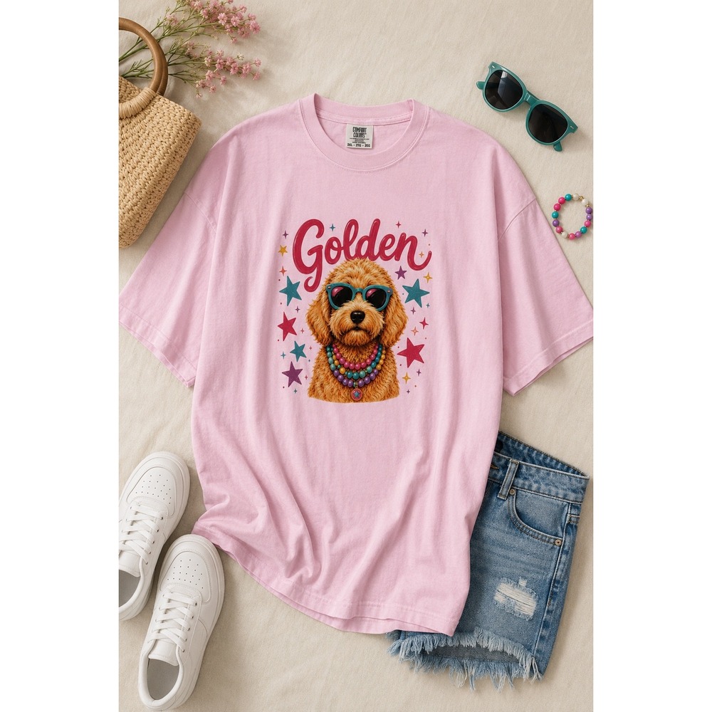 NEW Comfort Colors Pink Golden Doodle Cute Dog Graphic T-Shirt 2XL Cotton Tee